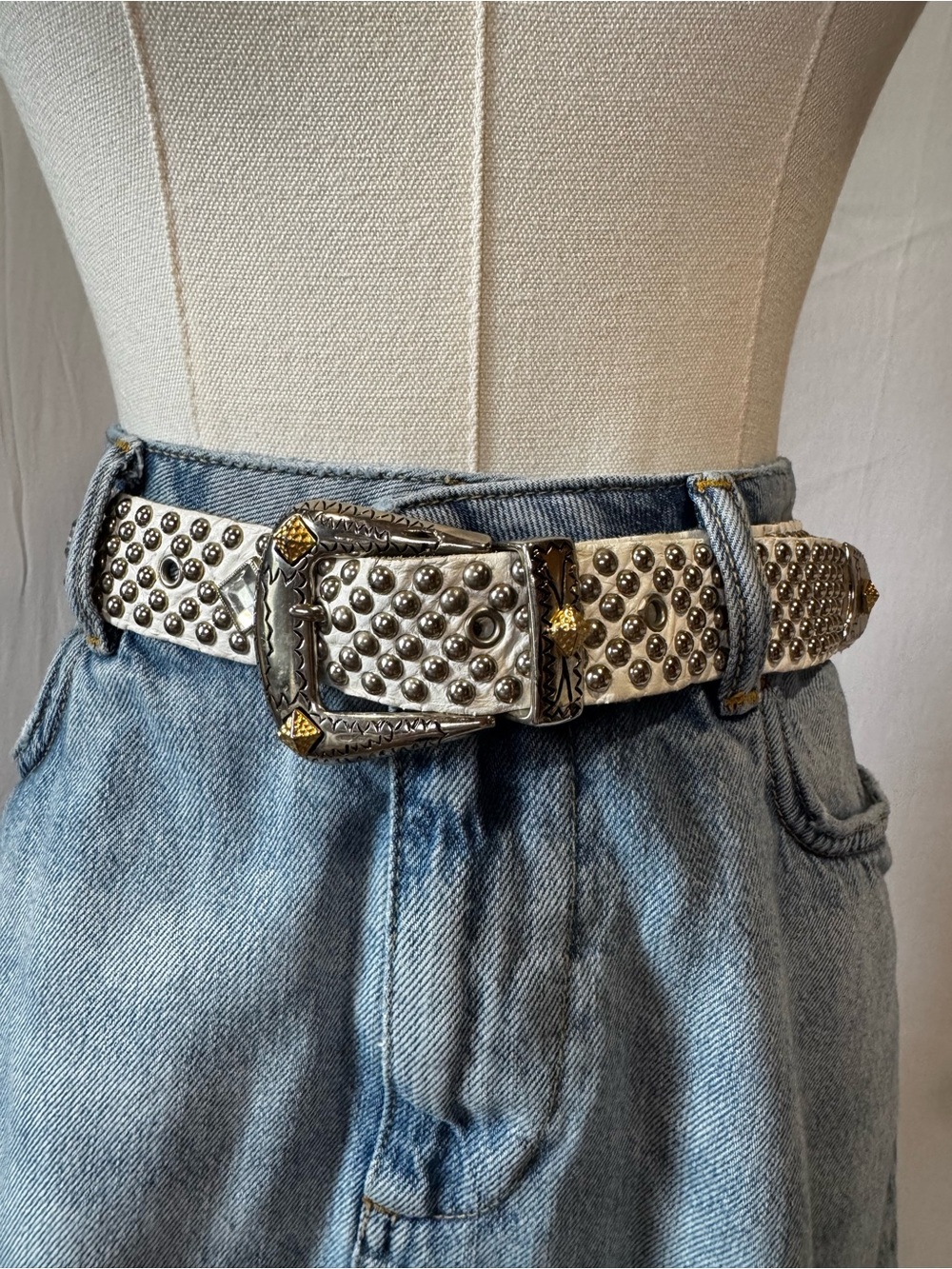 Studded Western Boho Belt – White Leather | Unisex | Statement Festival Rocker
